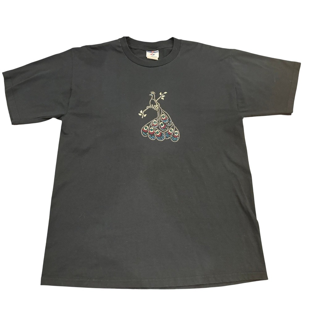 Vintage Jerzees Black Peacock Studded Gem Graphic T-Shirt Large 90s Heavyweight